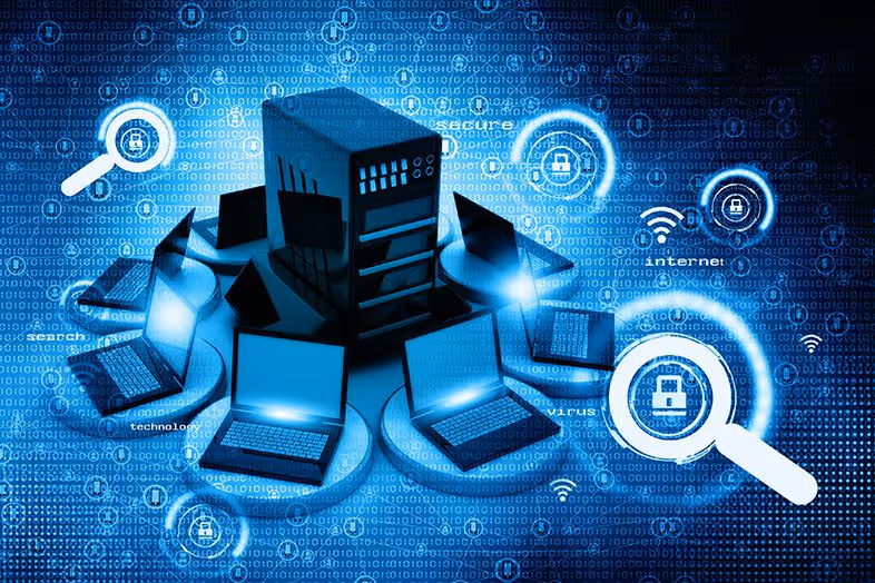Blue digital illustration of a central server connected to multiple laptops symbolizing network security and data protection.