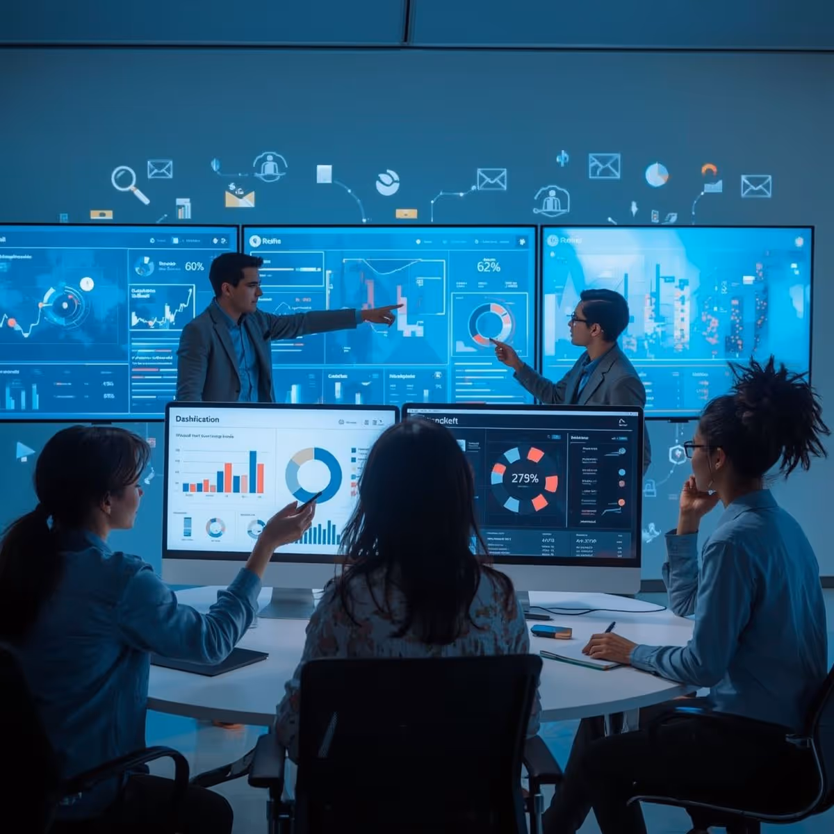 Five professionals in a meeting room analyzing data charts and graphs on multiple computer screens and large monitors.