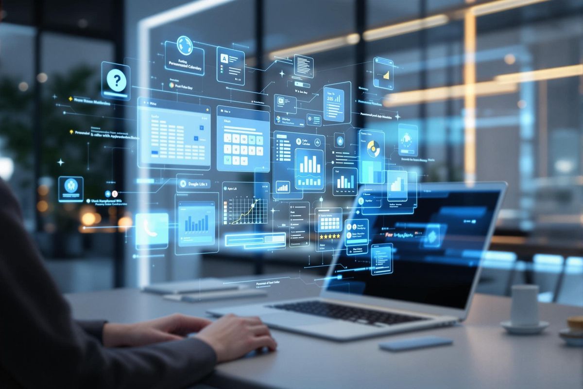Person working on a laptop at a desk with futuristic transparent digital data charts and graphs displayed in front of them.