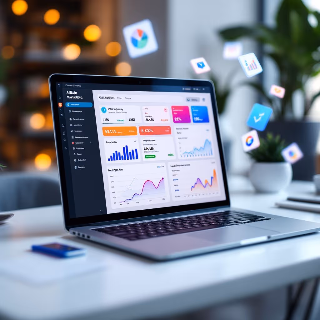 Laptop on a desk displaying an affiliate marketing dashboard with charts and statistics, with floating app icons in the background.