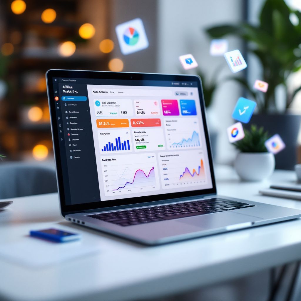Laptop on a desk displaying an affiliate marketing dashboard with charts and statistics, with floating app icons in the background.