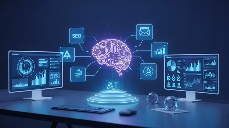 Digital hologram of a brain labeled AI with connected icons like SEO, email, and charts, displayed above a desk with two monitors showing data analytics.