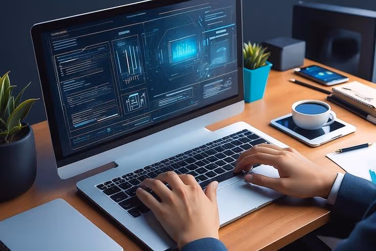 Person typing on a laptop displaying futuristic data graphs and charts, with a coffee cup and plants on a wooden desk.
