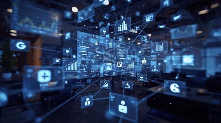 Transparent digital interface with various blue data charts, user icons, and graphs overlaid on an office background.