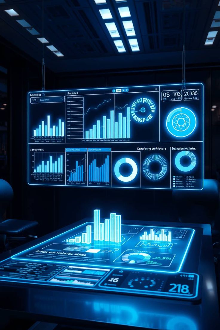 Futuristic dark room with glowing blue holographic data displays showing bar charts, pie charts, and graphs.