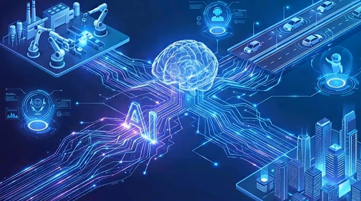 Digital illustration of a glowing brain connected to robotic arms, vehicles, city buildings, and icons representing AI technology networks.