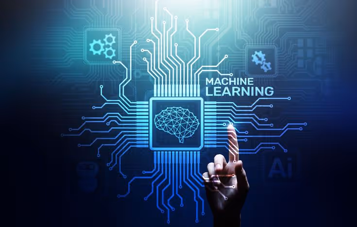 Hand pointing to a digital brain icon on a circuit board graphic with the words 'Machine Learning' and tech symbols in the background.