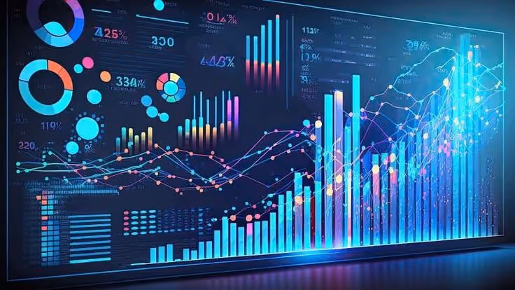 Futuristic digital dashboard displaying colorful bar graphs, pie charts, and line charts on a dark background.