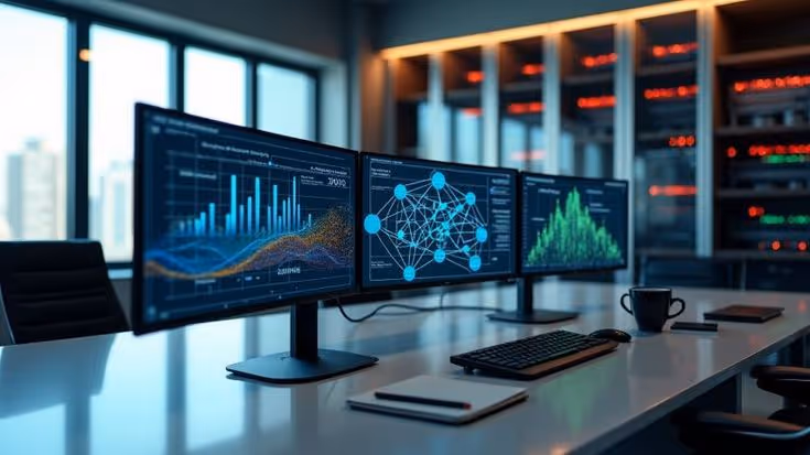 Modern workspace with three monitors displaying data visualizations, a keyboard, notebook, and coffee cup on a white desk.