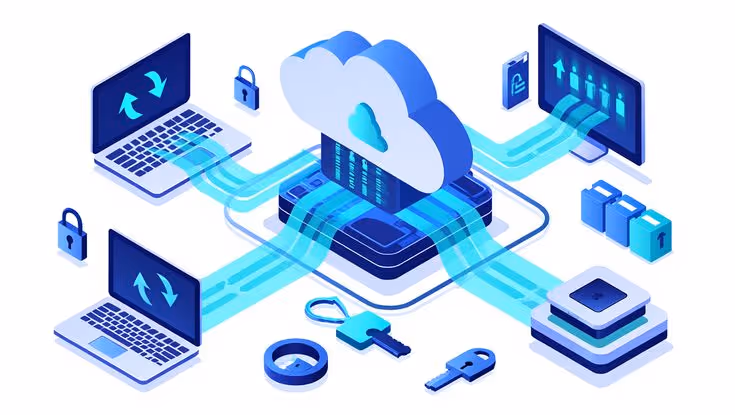 Illustration of cloud computing with laptops, servers, and devices connected by data streams secured by padlocks and keys.