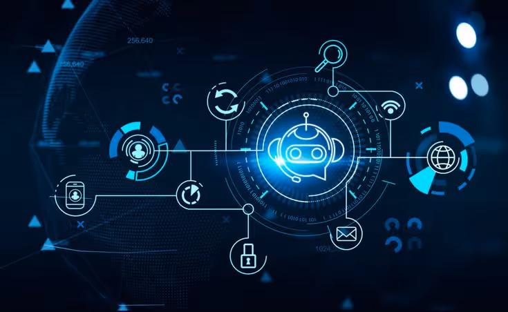 Digital futuristic interface with a glowing chatbot icon at the center connected to various technology and communication symbols like email, lock, globe, and user.