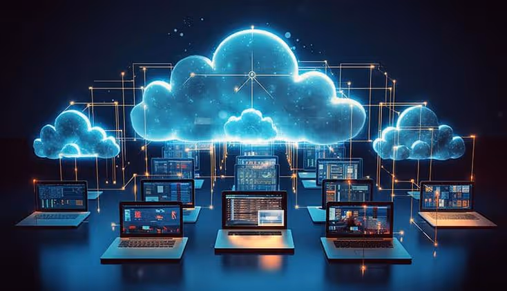 Multiple laptops connected to large and small glowing digital clouds symbolizing cloud computing and network data sharing.