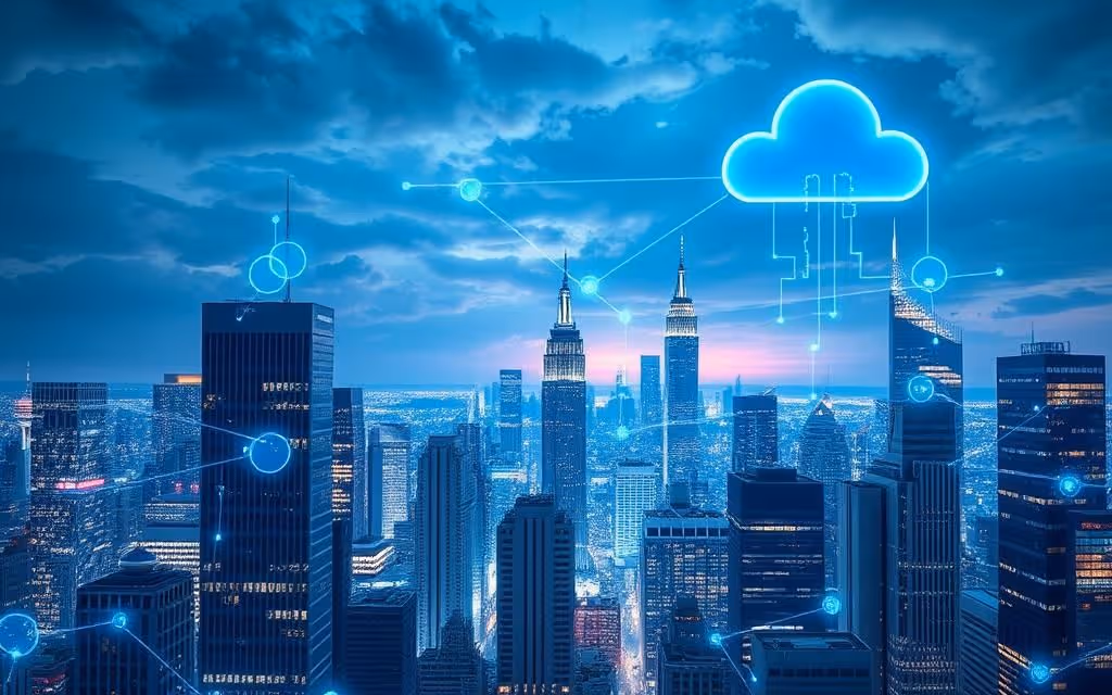 City skyline at dusk with digital cloud and data network overlays symbolizing cloud computing.