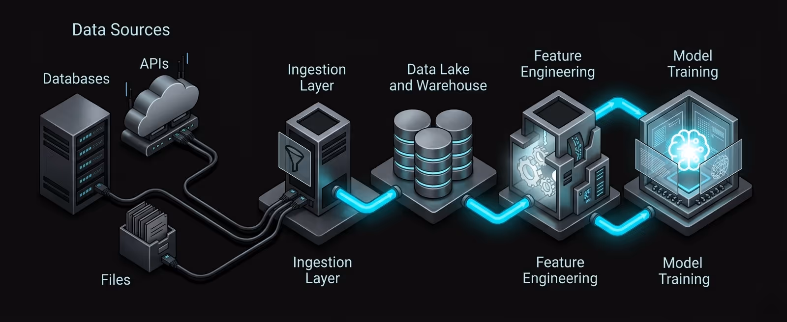 Diagram illustrating a data pipeline flow from data sources including databases, files, and APIs into an ingestion layer, then to a data lake and warehouse, followed by feature engineering, and ending with model training.