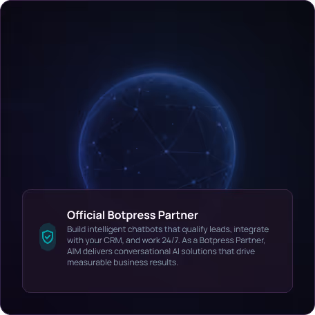 Digital globe with network connections and a text box highlighting Official Botpress Partner delivering AI conversational chatbot solutions.