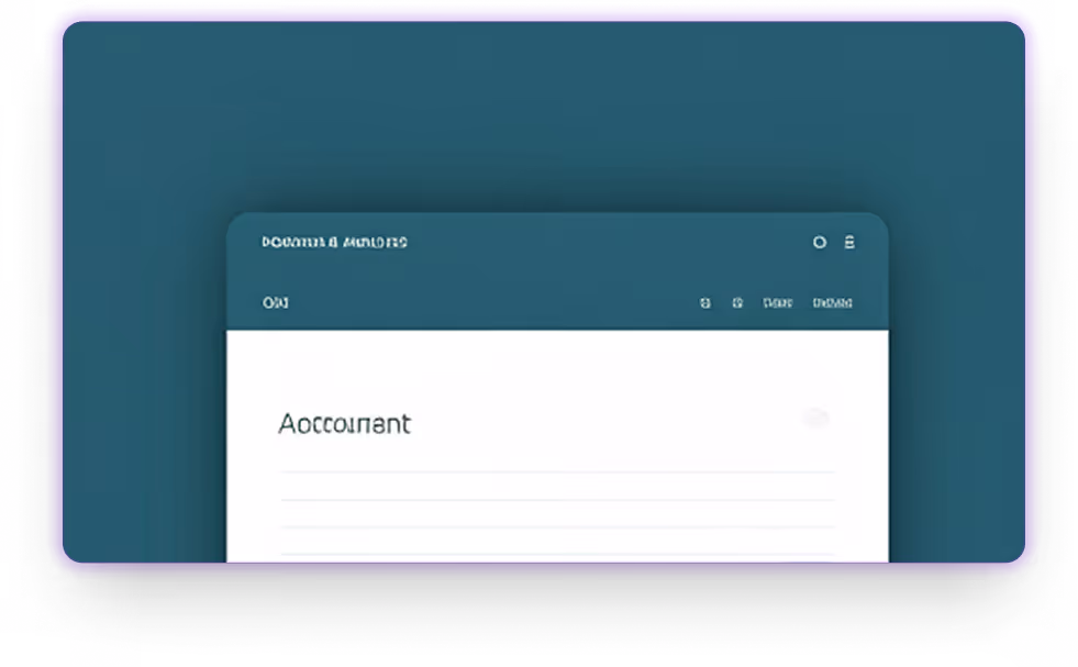 Partial screenshot of a digital interface displaying a teal header with white text and icons, and the word 'Account' on a white background below.