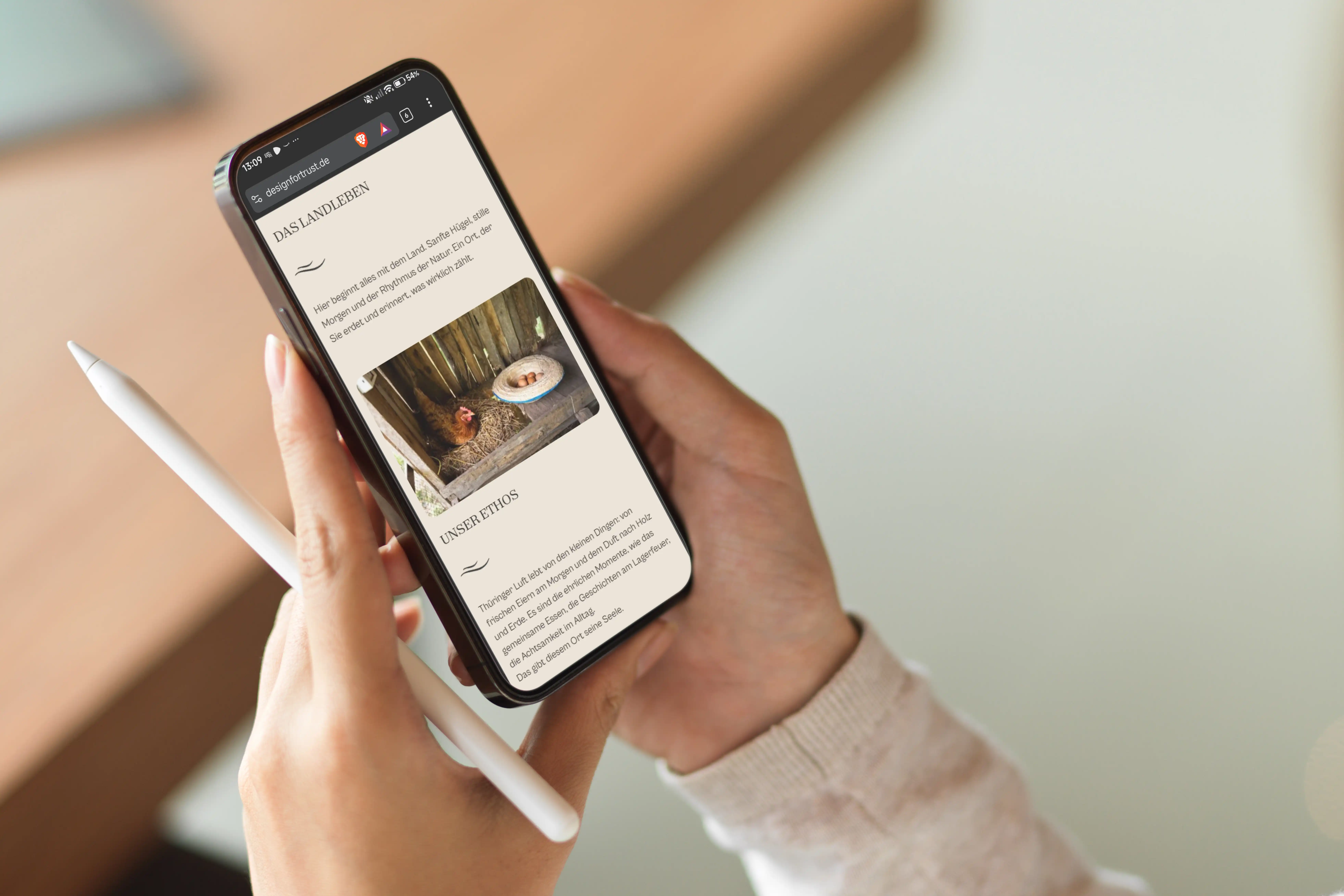 Person hält ein Smartphone mit einer Webseite über Landleben, die ein Bild von einem Huhn in einem Hühnerstall zeigt.