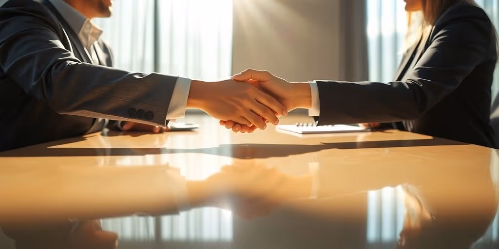 Luxury client meeting with handshake over table.