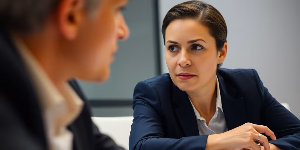Two people in a professional setting discussing.