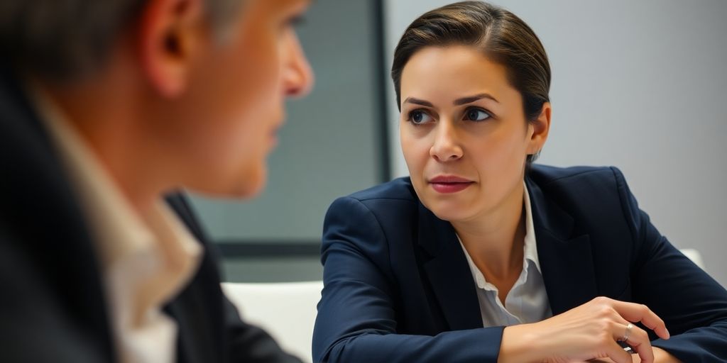 Two people in a professional setting discussing.