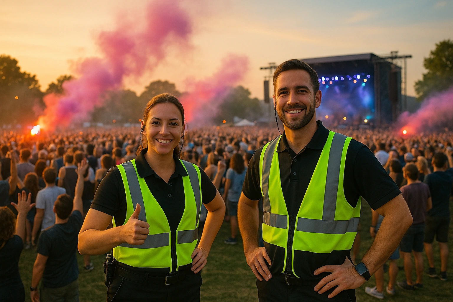 image of a music festival with vibrant colorful smoke
