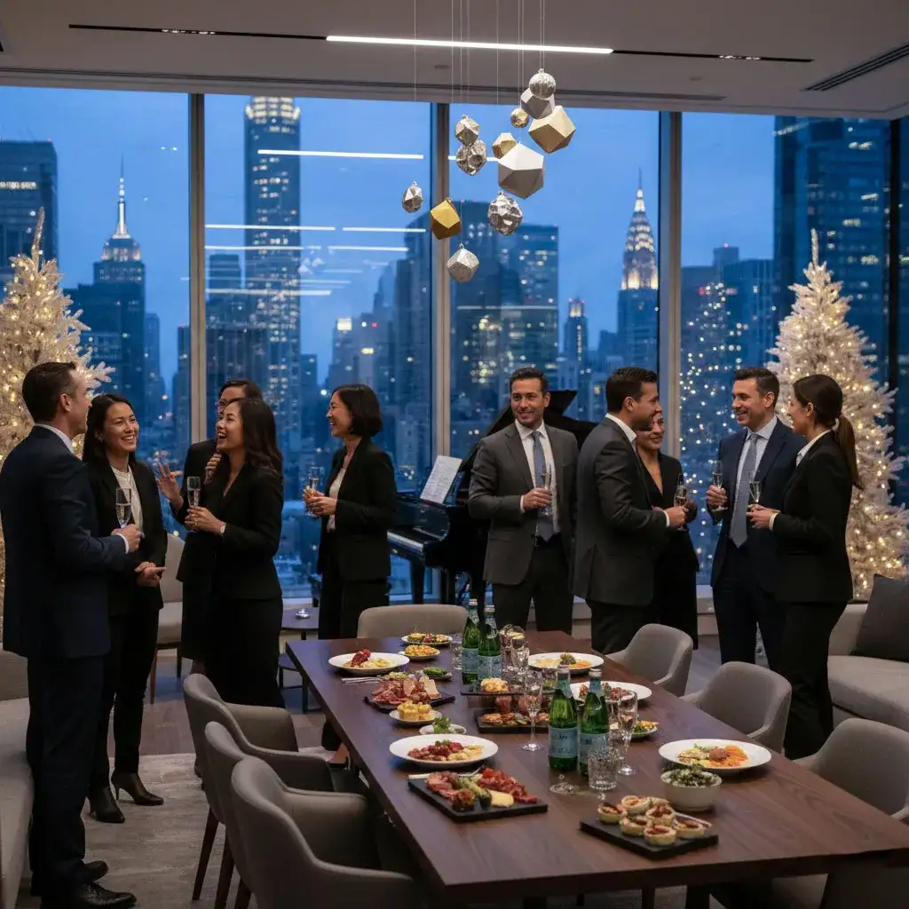 Corporate professionals enjoying a Wall Street Christmas party with stunning NYC skyline views, festive decorations, and elegant dining arrangements.
