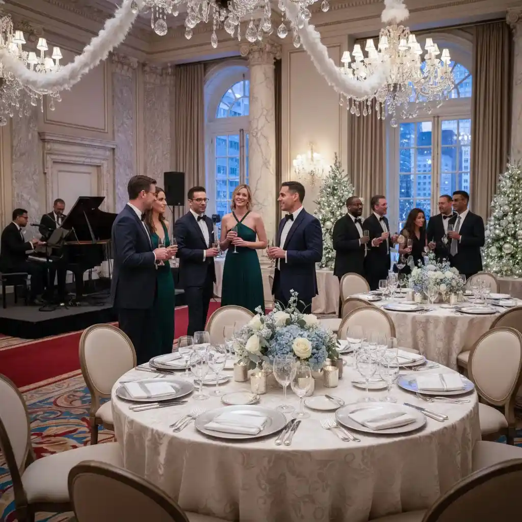 Elegant Wall Street Christmas party in a luxurious ballroom, with guests in formal attire enjoying cocktails and live music, surrounded by festive decor and beautifully set dinner tables.
