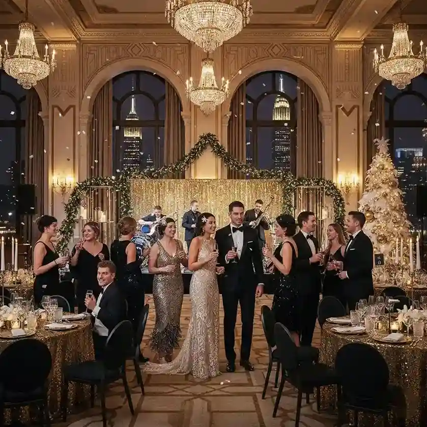Glamorous Wall Street Christmas party in an upscale venue, featuring elegant guests in formal attire enjoying cocktails, a live band, and iconic New York City skyline views, with a stunning holiday theme.
