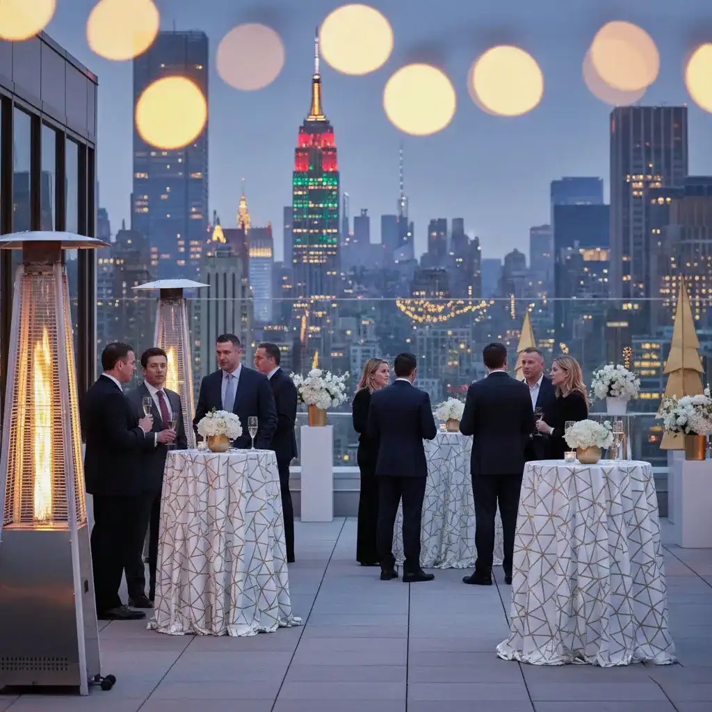 xclusive rooftop Wall Street Christmas party with stunning city views, guests socializing around cocktail tables while the Empire State Building’s festive lights add to the holiday ambiance.
