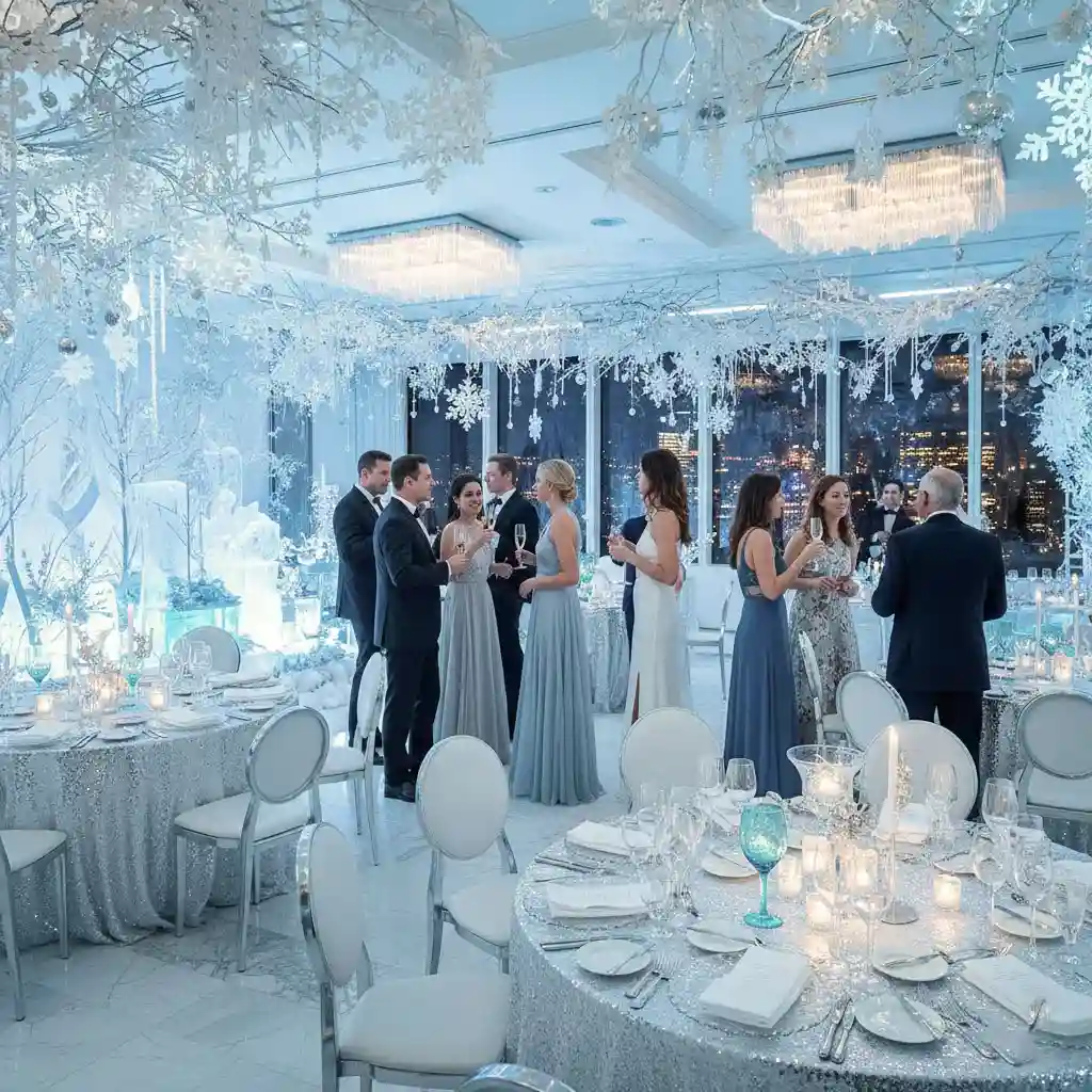 Corporate guests mingling at an elegant Christmas party in NYC, enjoying cocktails in a sophisticated ballroom with sparkling chandeliers, decorated Christmas trees, and live music in the background.