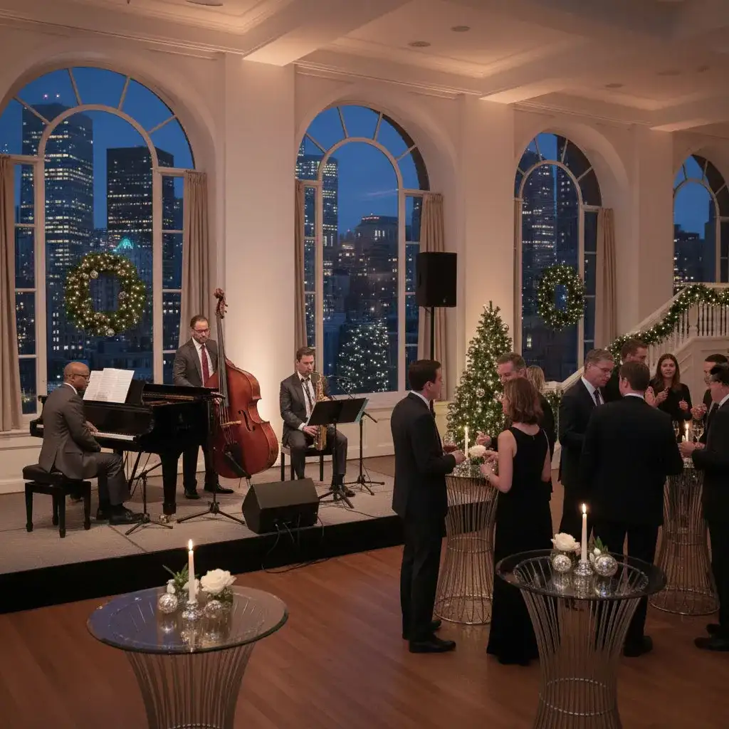 Sophisticated Wall Street Christmas party with live music setting the tone for guests dressed in formal attire, enjoying cocktails and mingling in an upscale venue with a breathtaking view of the NYC skyline.