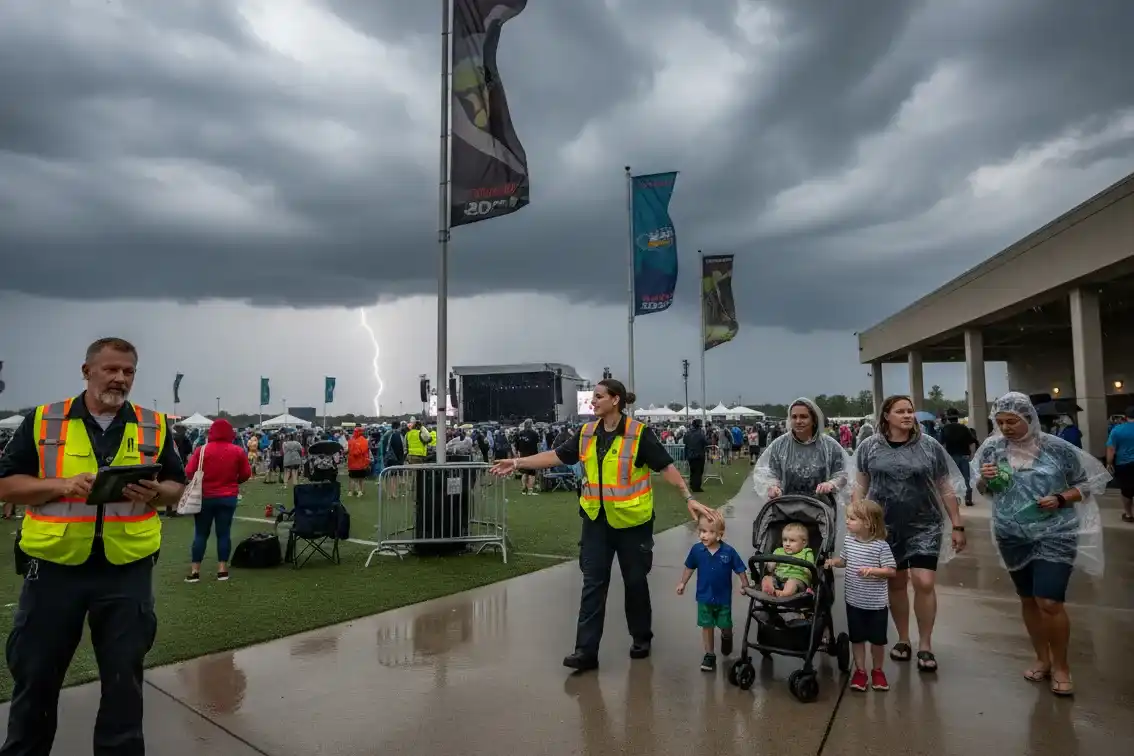 Event staff helping families during stormy outdoor weather