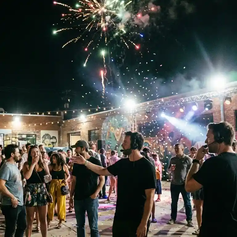 image of a music festival with vibrant colorful smoke