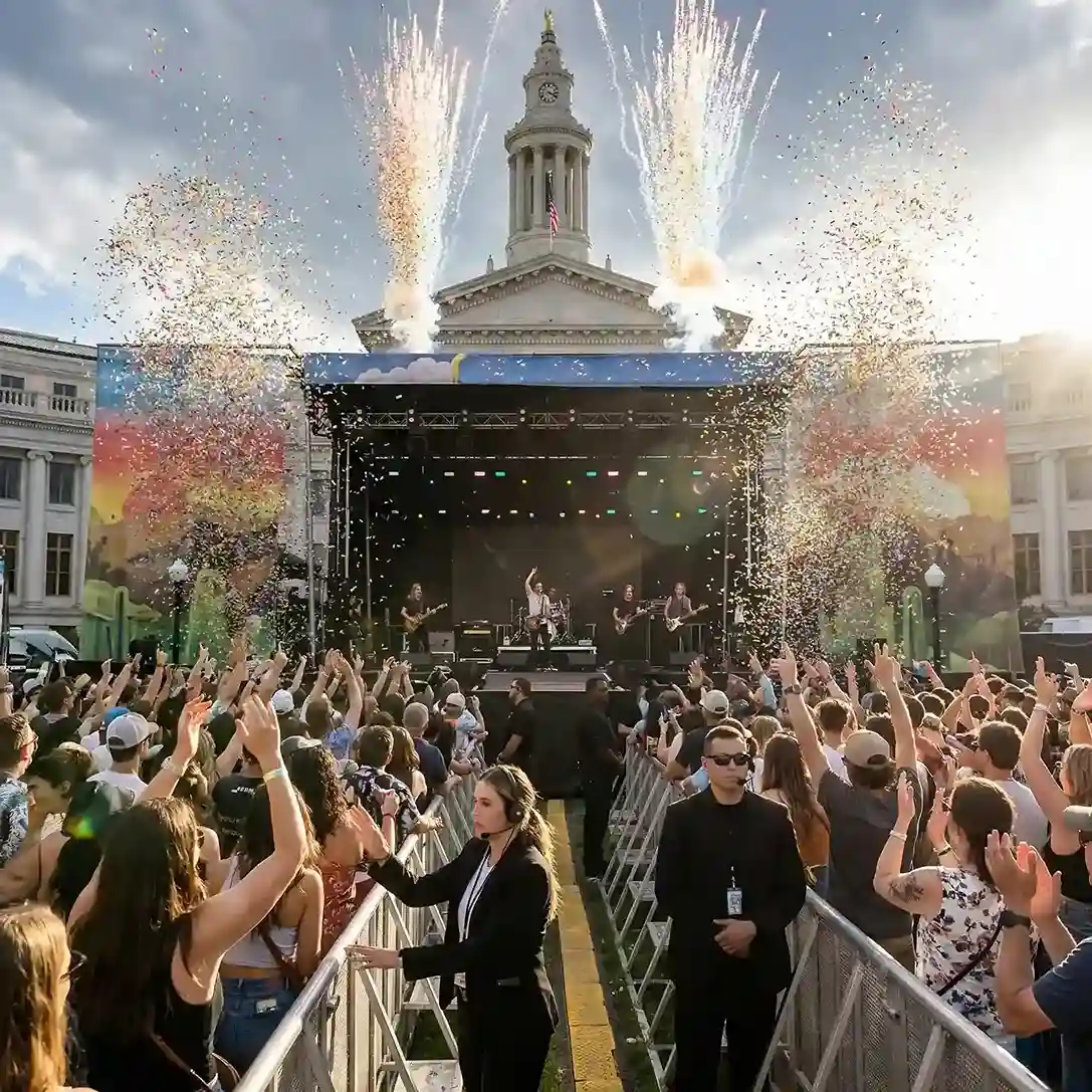 image of a music festival with vibrant colorful smoke