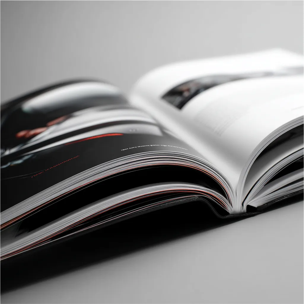 Opened book with black and white pages and subtle red highlights