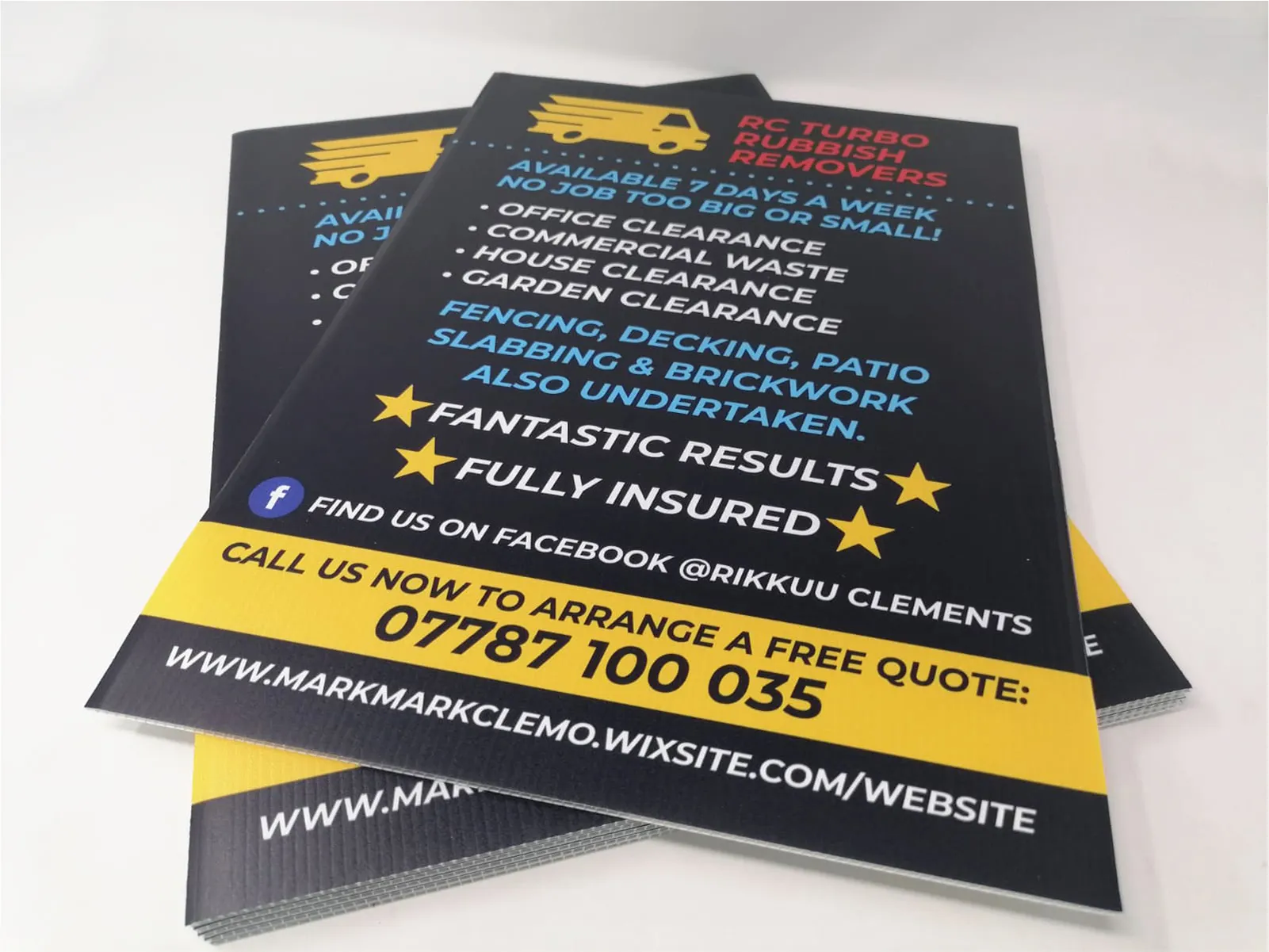 Rubbish removal service flyer with contact details and service offerings