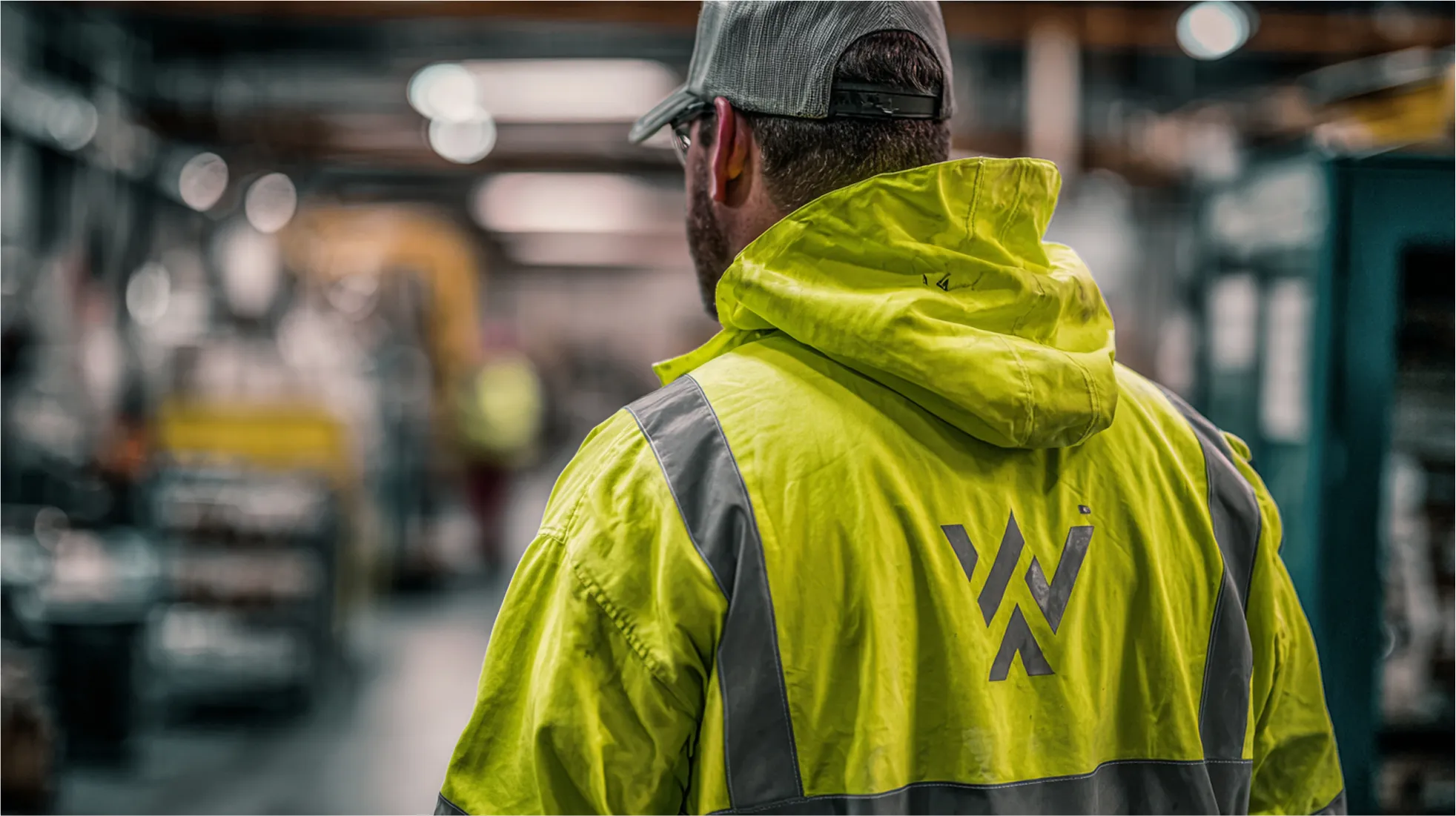 Worker in bright yellow safety jacket standing in industrial warehouse