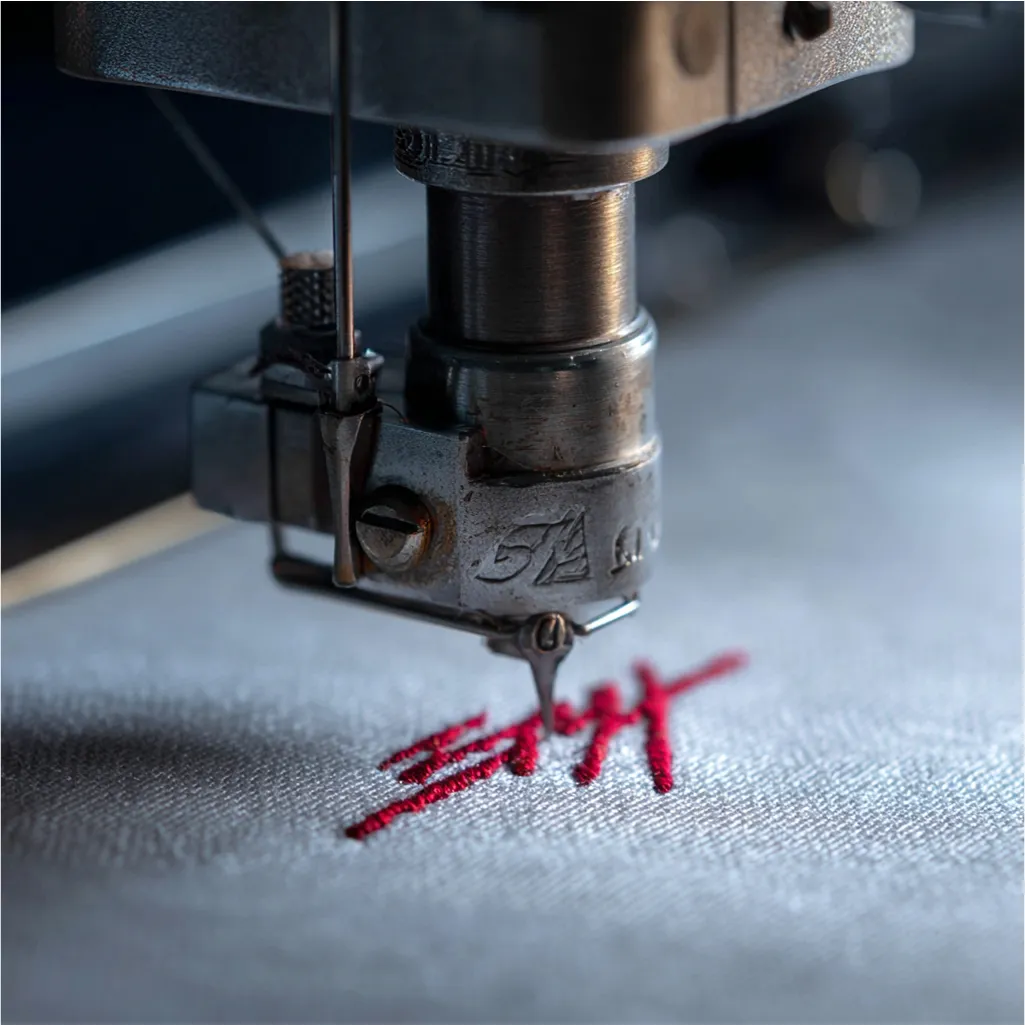 Close-up of embroidery machine stitching red letters on gray fabric