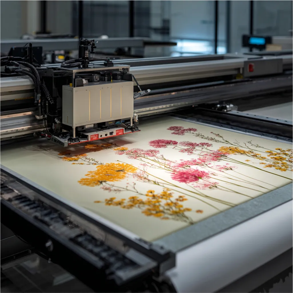 Large printer creating floral design with yellow and pink pressed flowers