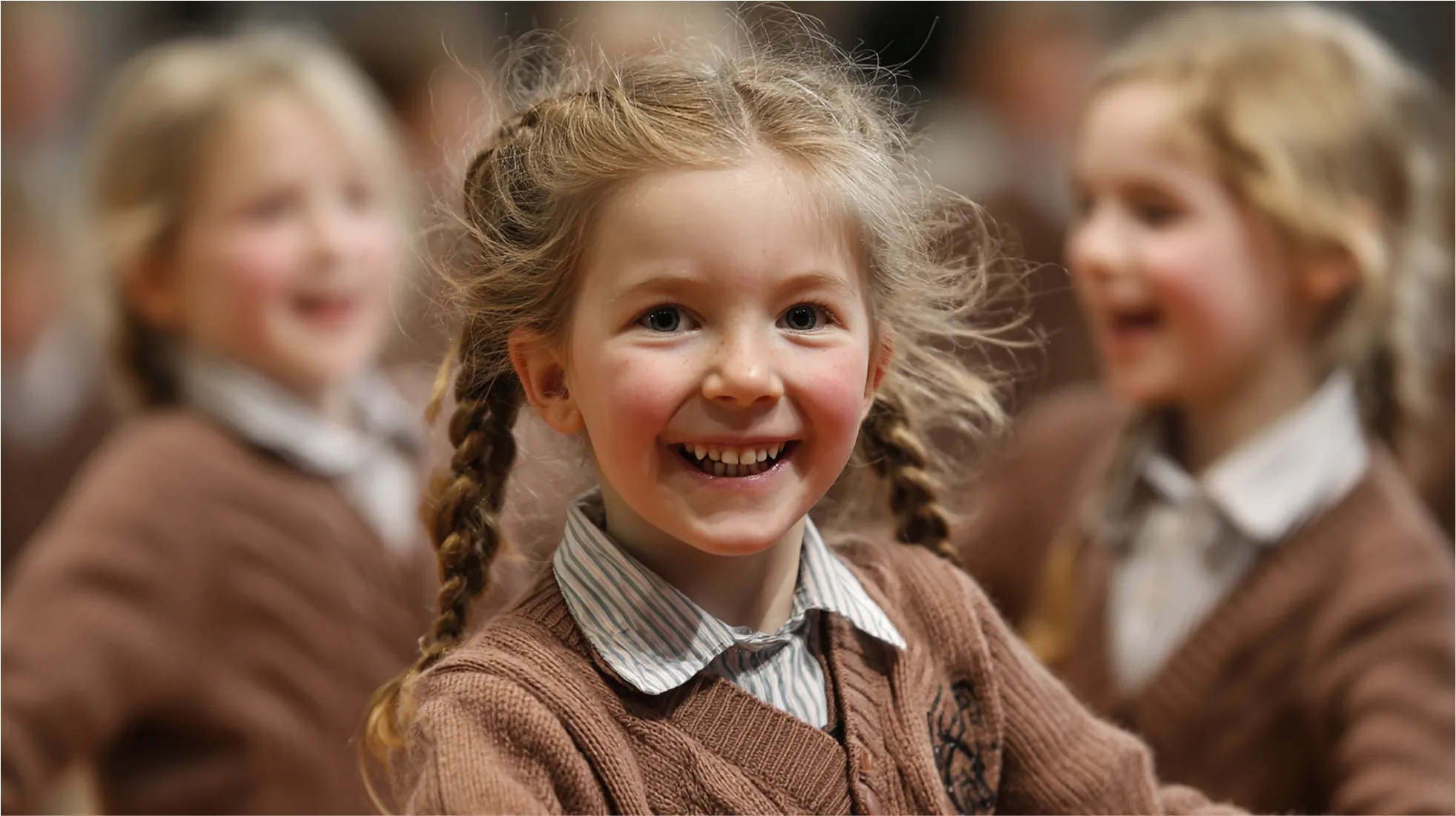 Smiling schoolgirl in brown sweater with braids in school uniform