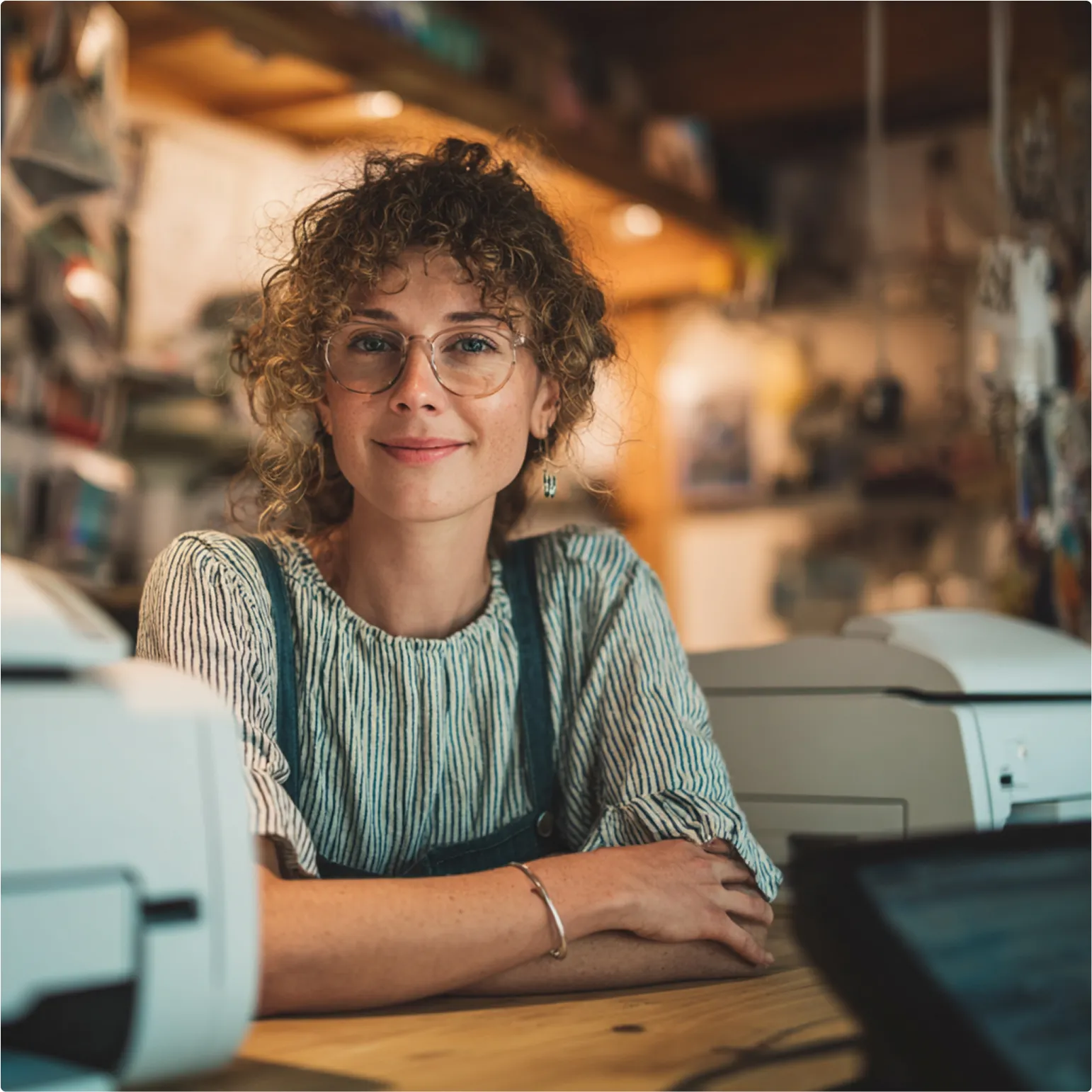 Curly-haired person in glasses sitting at desk with office equipment