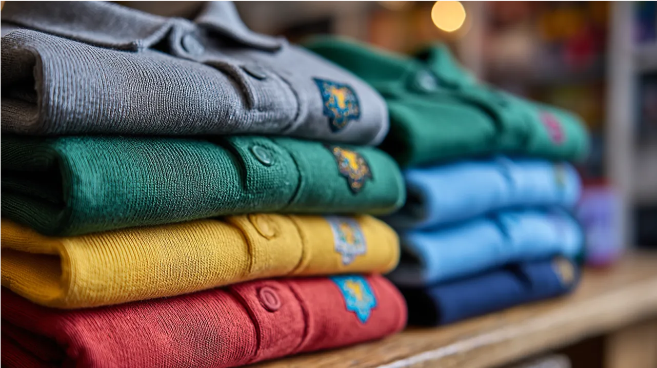 Neatly folded school uniforms in various colors with embroidered logos