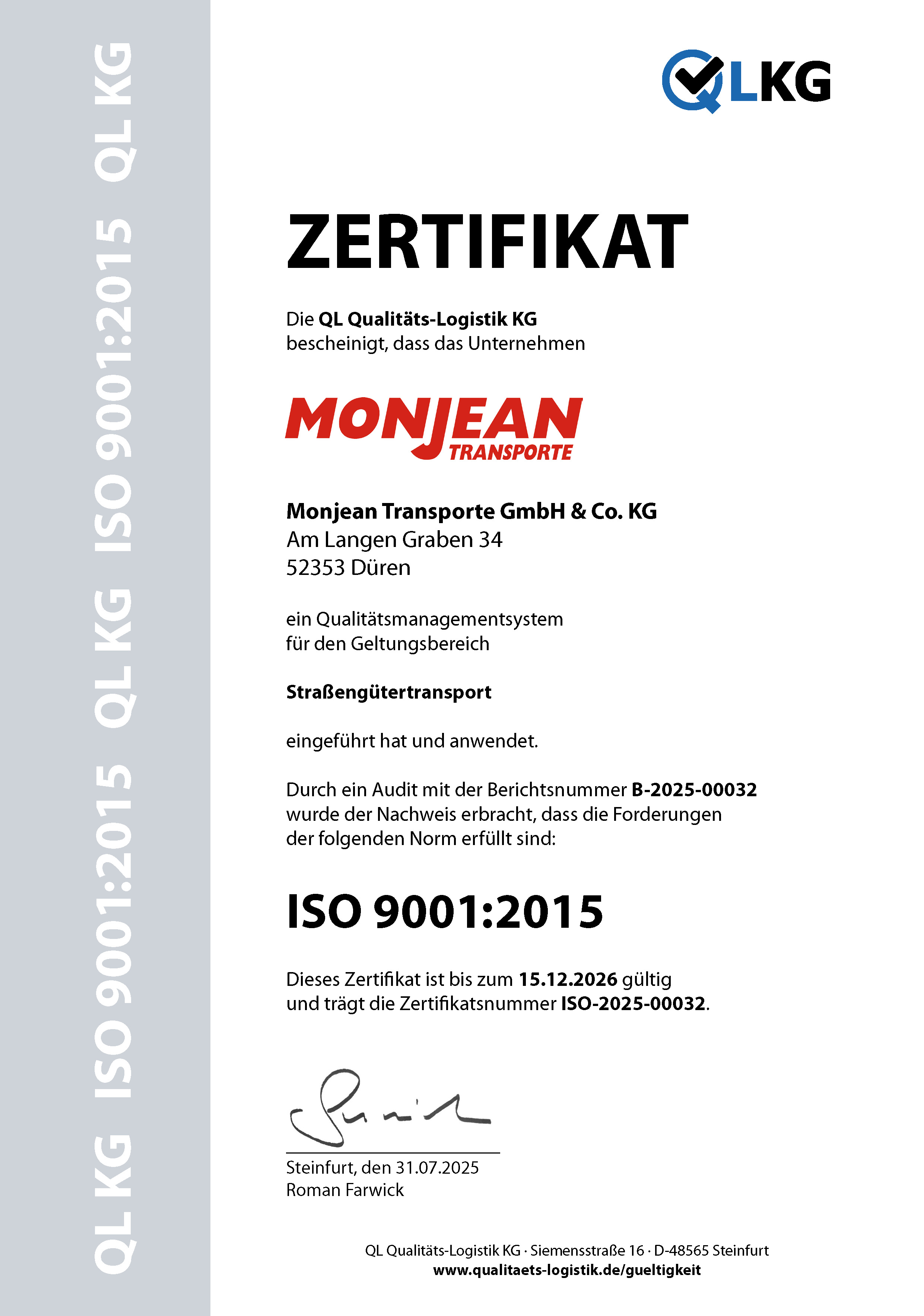 A certifiation for quality management