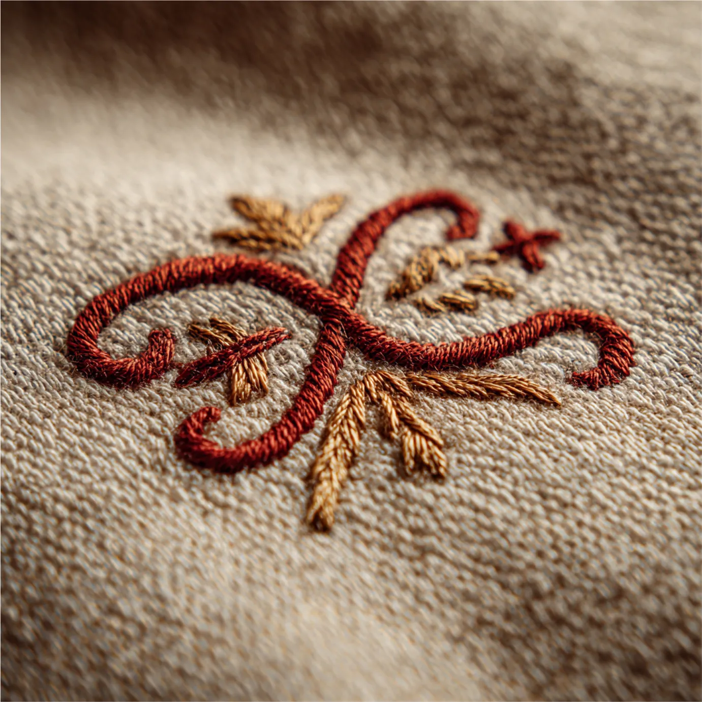 Embroidered red and gold swirling design on textured beige fabric