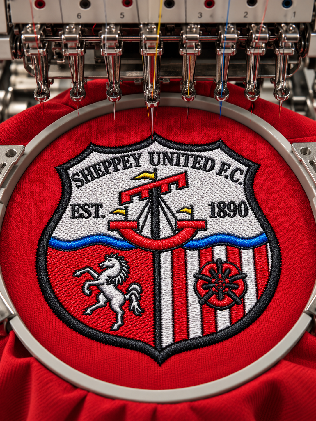 Embroidery machine stitching a football crest
