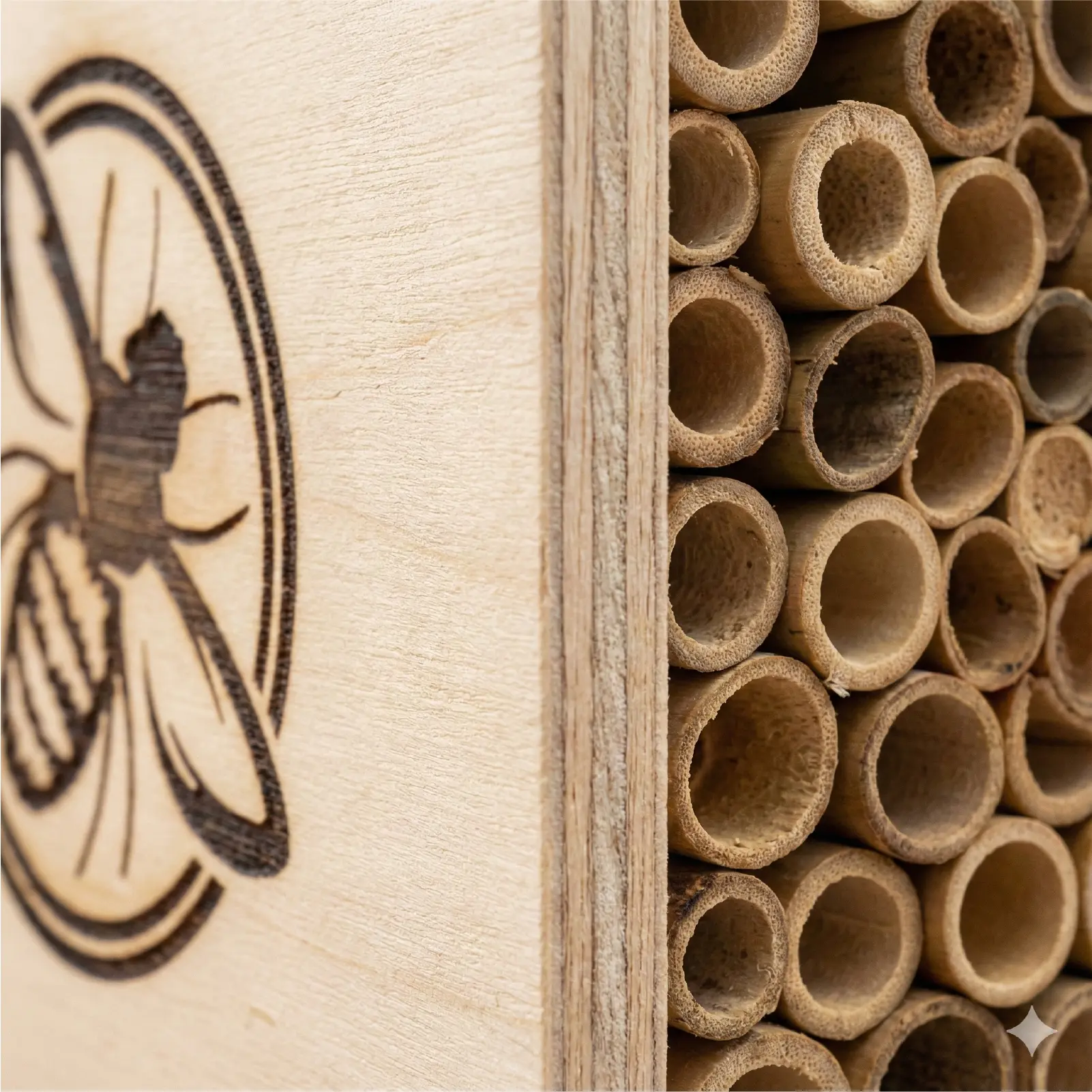 Primer plano macro mostrando la textura de la madera y los tubos de caña natural utilizados para la anidación de las abejas.