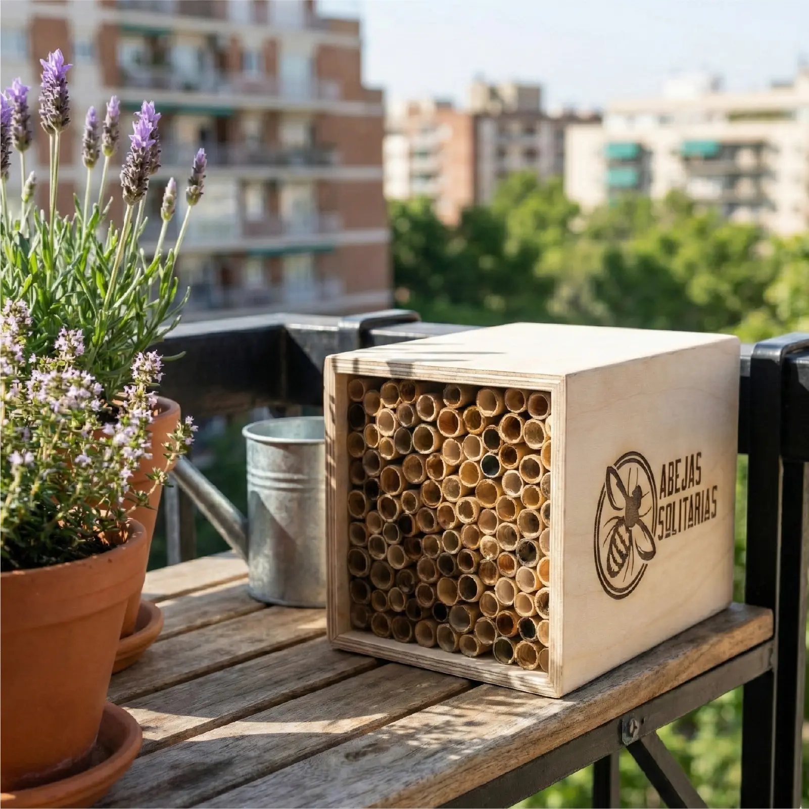 Hotel para abejas instalado en una mesa de balcón con vistas a la ciudad, ideal para atraer biodiversidad a terrazas urbanas.