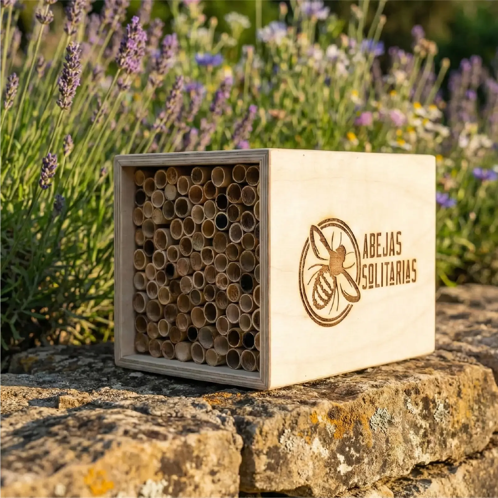 Hotel para abejas solitarias colocado sobre un muro de piedra en un jardín exterior con flores de lavanda en el fondo.