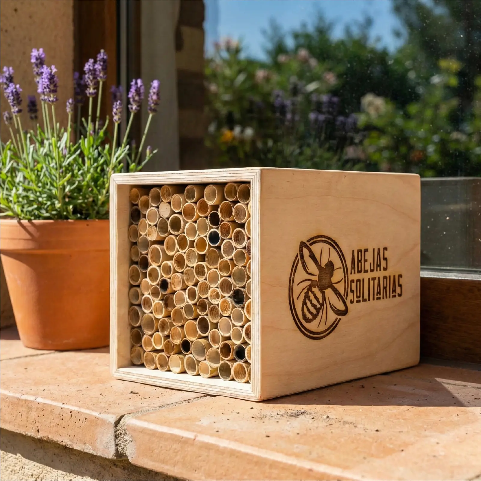 Hotel para abejas ubicado en el alféizar de una ventana junto a una maceta, perfecto para jardinería urbana y espacios pequeños.