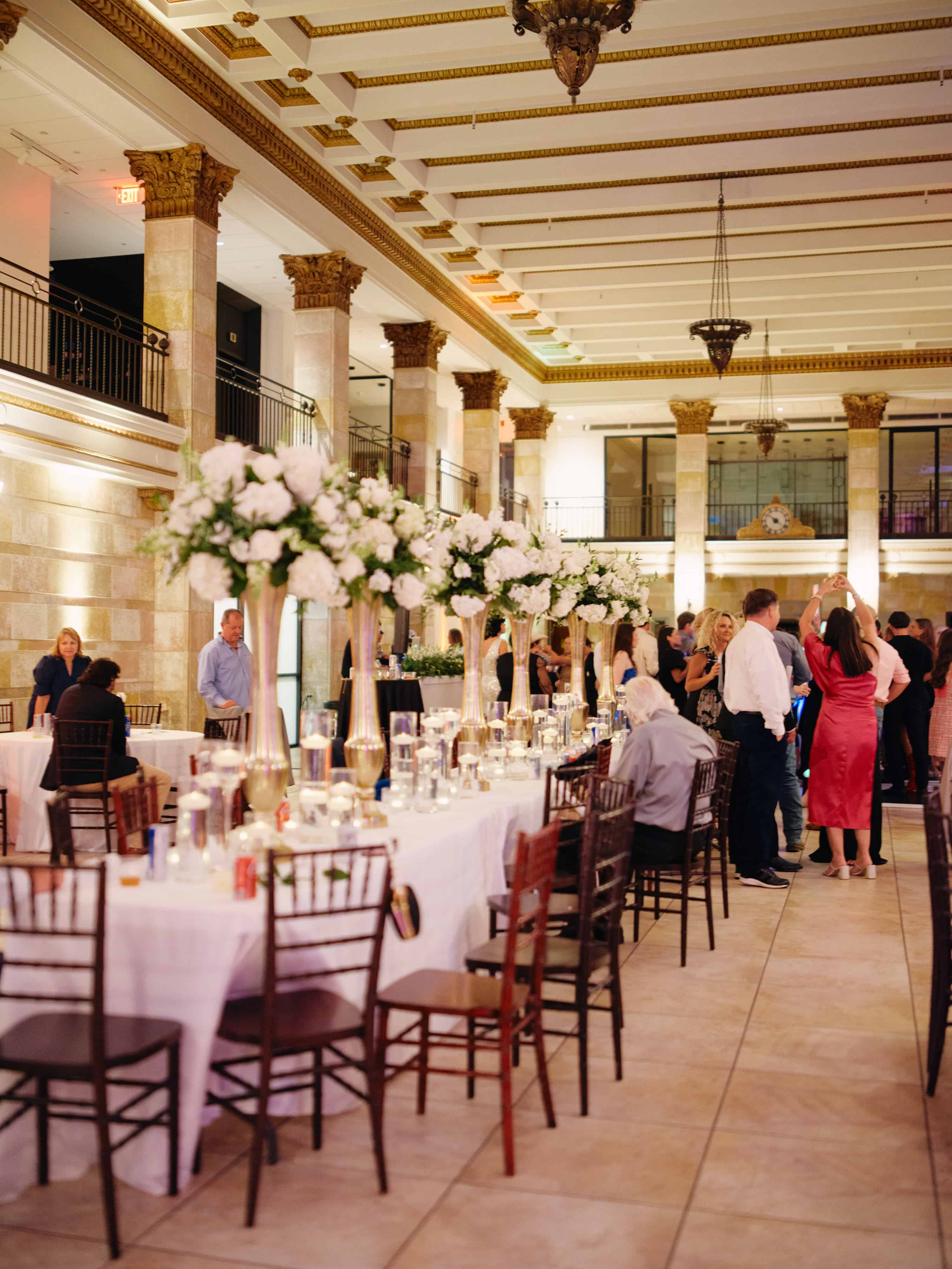 A grand wedding venue, decked to the nines.